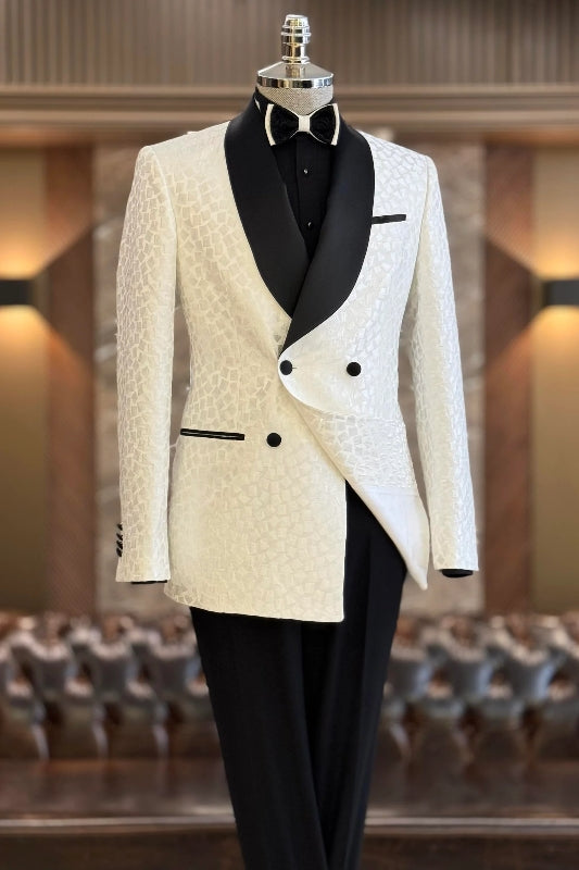 Kirk White Shawl Lapel Jacquard Wedding Men's Suit