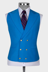 King Ocean Blue Peaked Lapel 3-Piece Wedding Men Suit