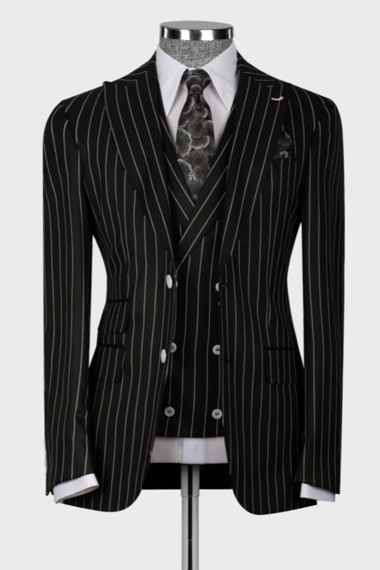 Chester Black Striped Peaked Lapel 3-Piece Business Men's Suit