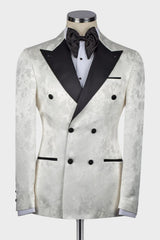 Dominic White Jacquard Double Breasted Wedding Men's Suit with Black Peaked Lapel