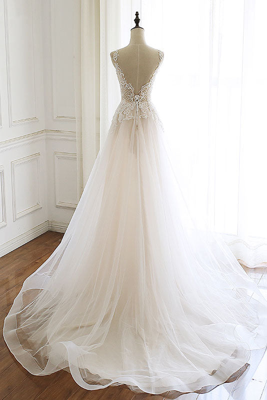 White V-Neck Tulle Lace Long Prom Dress White Tulle Evening Dress