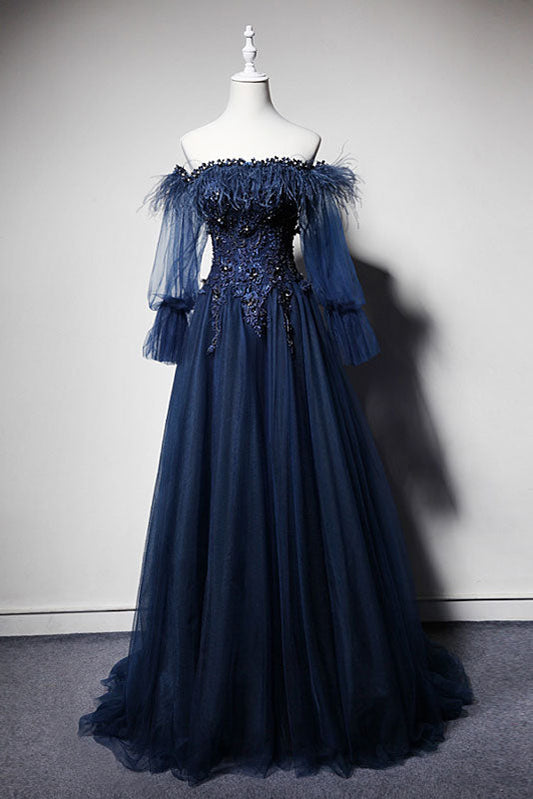 Dark Blue Off-Shoulder Tulle Long Prom Dress Blue Evening Dress