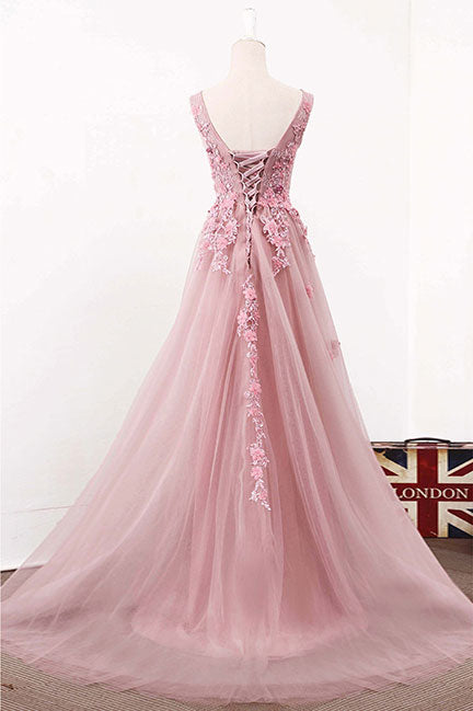 Pink V-Neck Tulle Lace Long Prom Dress Pink Evening Dress