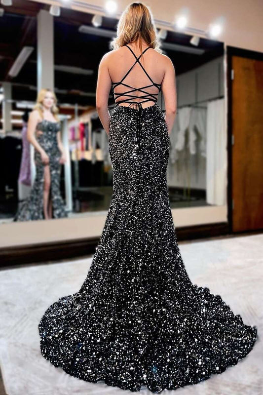 Sequin Lace-Up Back Mermaid Long Prom Gown with Split Design.