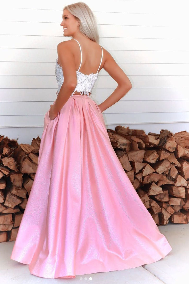 Pink Two-Piece Lace Long Prom Dress Pink Formal Dress