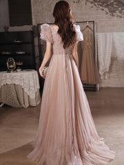 Flesh Pink Tulle Long Prom Dress Tulle Pink Evening Dress