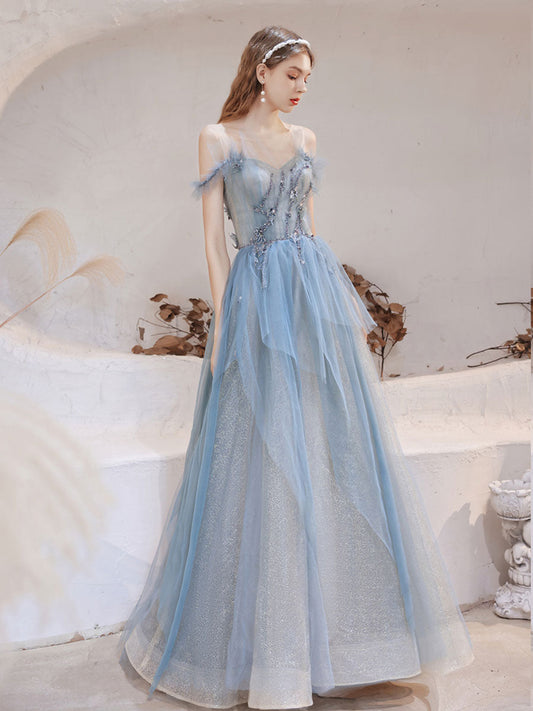 Blue Tulle Off-Shoulder Long Prom Dress Blue Tulle Evening Dress