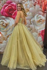 Gold V-Neck Tulle Long Prom Dress Tulle Formal Dress