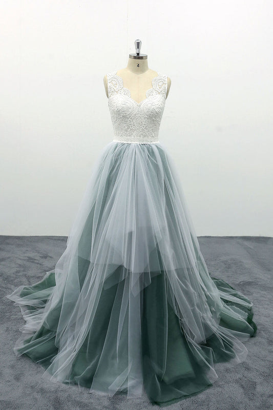 Green Tulle Lace Long Prom Dress Tulle Evening Dress