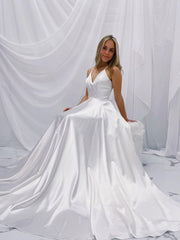 Simple White V-Neck Satin Long Prom Dress White A-Line Evening Dress