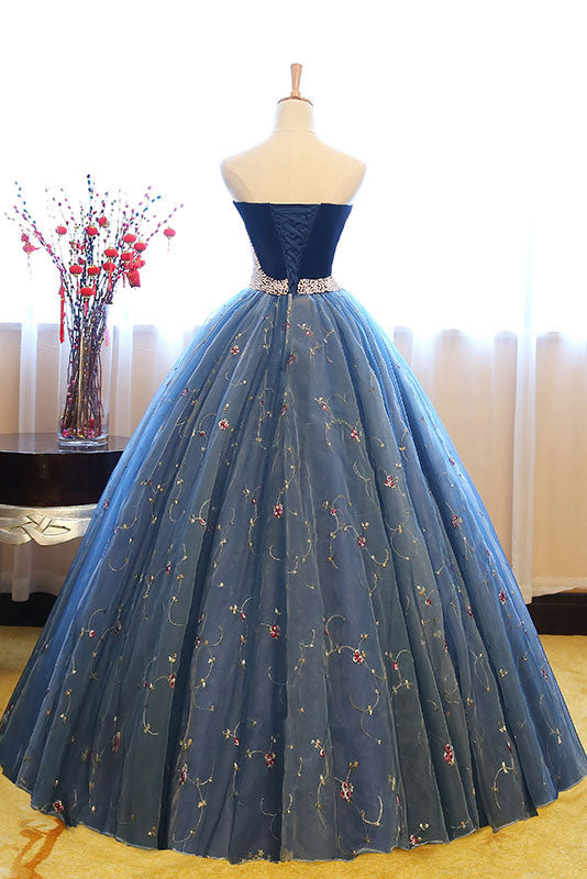 Blue Sweetheart Neck Tulle Long Prom Gown Blue Sweet 16 Dress