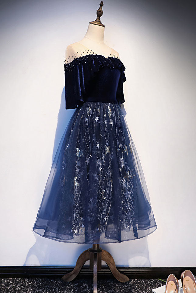 Blue Tulle Lace Short Prom Dress Blue Evening Dress