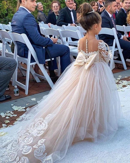 Long Sleeves Tulle Appliques A Line Flower Girl Dress with Bowknot