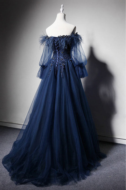 Dark Blue Off-Shoulder Tulle Long Prom Dress Blue Evening Dress