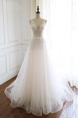 White V-Neck Tulle Lace Long Prom Dress White Tulle Evening Dress