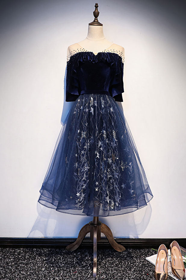 Blue Tulle Lace Short Prom Dress Blue Evening Dress