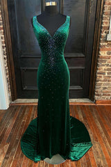 Emerald Velvet Sexy V-Neck Cutout Back Mermaid Long Formal Dress