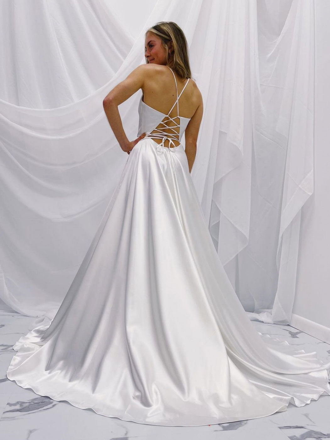 Simple White V-Neck Satin Long Prom Dress White A-Line Evening Dress