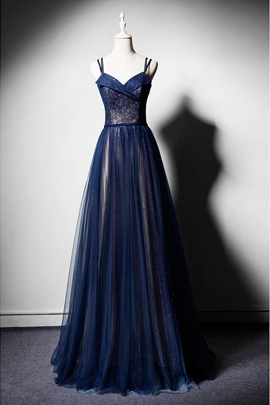 Dark Blue Tulle Long Prom Dress Dark Blue Evening Gown