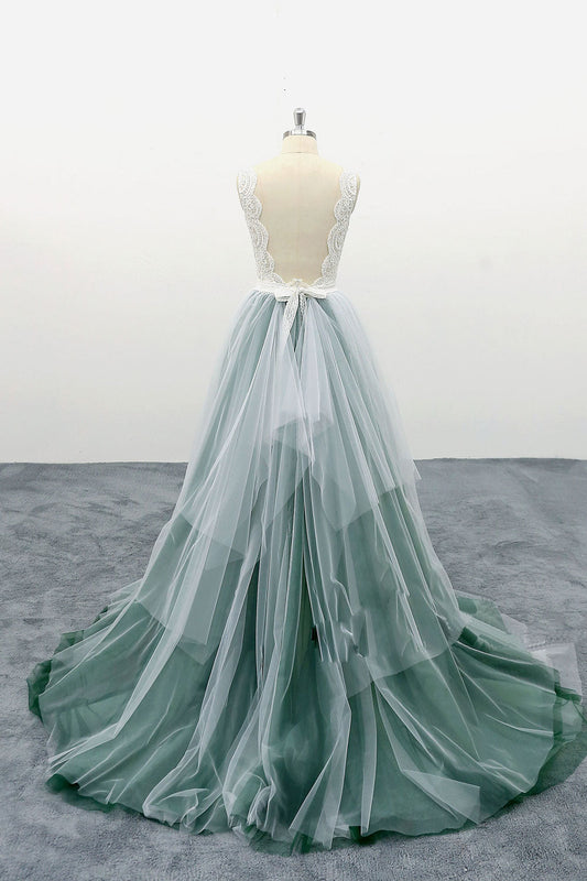 Green Tulle Lace Long Prom Dress Tulle Evening Dress