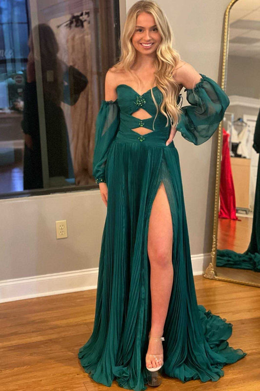 Dressystars  Hunter Green Rhinestones Strapless A-Line Elegant Prom Dress with Sleeves