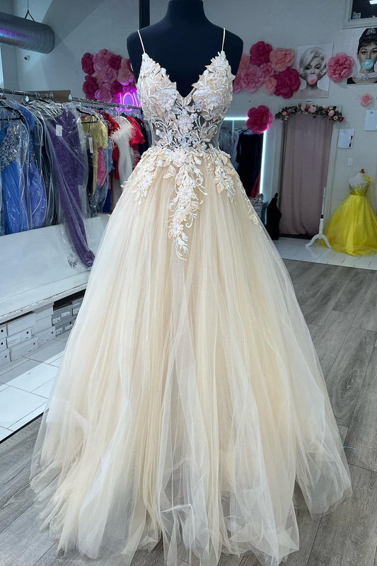 Apricot A Line Backless Long Prom Dress With Appliques