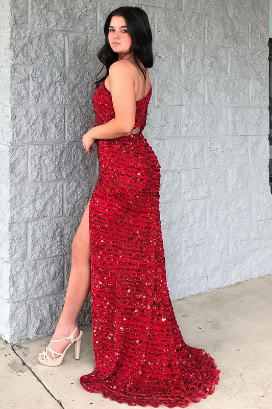 One Shoulder Sparkly Mermaid Sequins Red Long Prom Dress with Slit