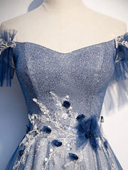 Blue Tulle Lace Sequin Long Prom Dress Blue Tulle Formal Dress