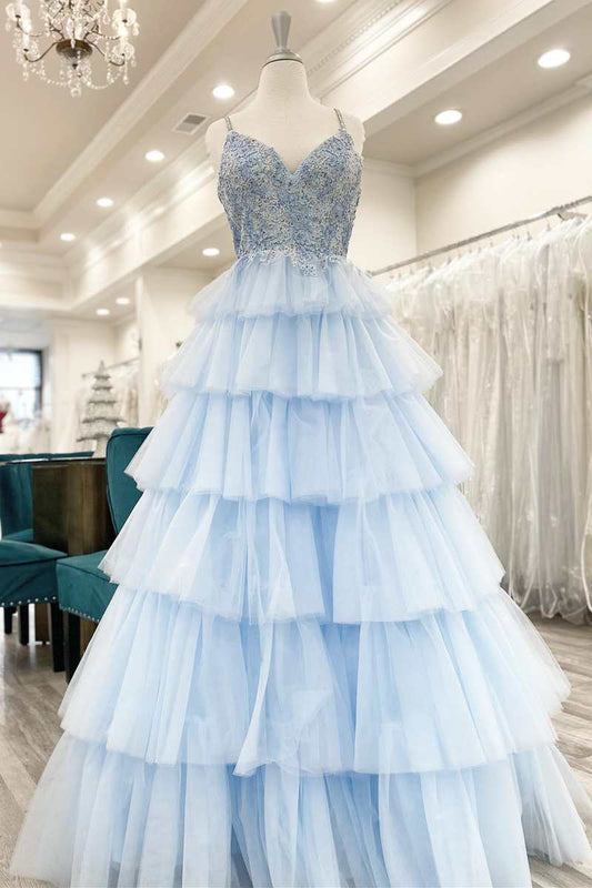 Floral Lace Sexy V-Neck Multi-Tiered A-Line Prom Dress