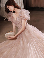 Flesh Pink Tulle Long Prom Dress Tulle Pink Evening Dress