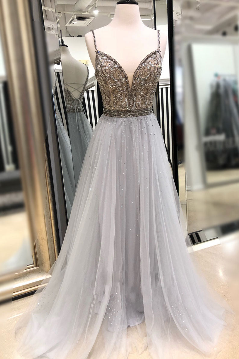 Gray Tulle Beaded Sequin Long Prom Dress Gray Tulle Evening Dress