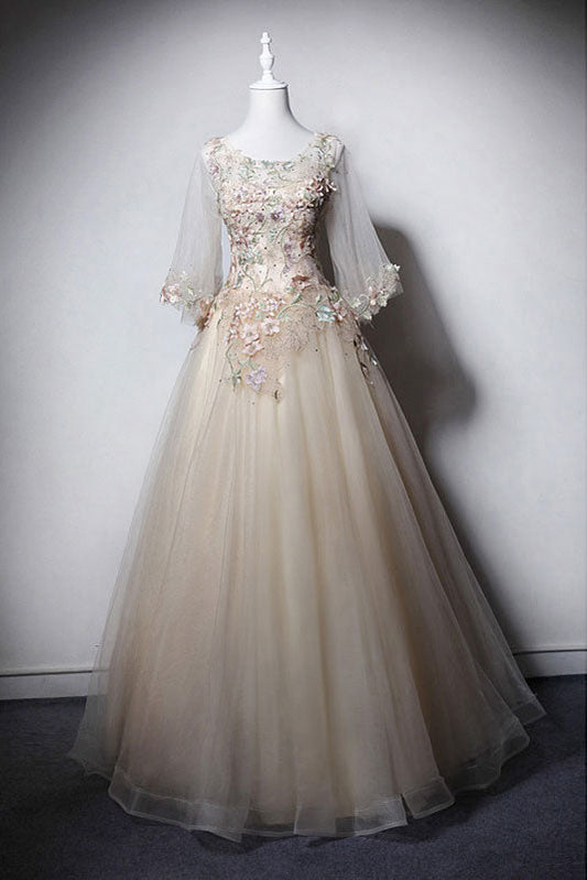 Champagne Round Neck Tulle Long Prom Dress Tulle Evening Dress