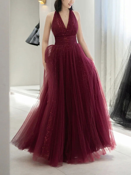 Burgundy A-Line V-Neck Tulle Sequin Long Prom Dress Burgundy Evening Dress