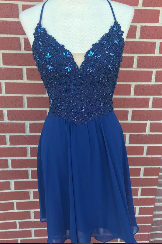 Blue V-Neck Lace Chiffon Short Prom Dress Blue Homecoming Dress