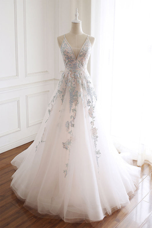 White V-Neck Tulle Lace Long Prom Dress White Evening Gown