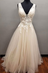 Champagne V-Neck Tulle Lace Long Prom Dress Champagne Wedding Dress