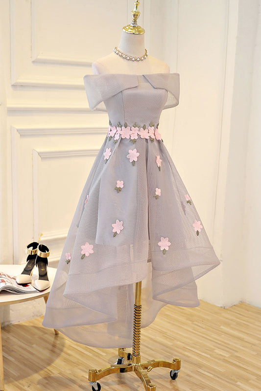 Gray Applique High Low Prom Dress Gray Evening Dress