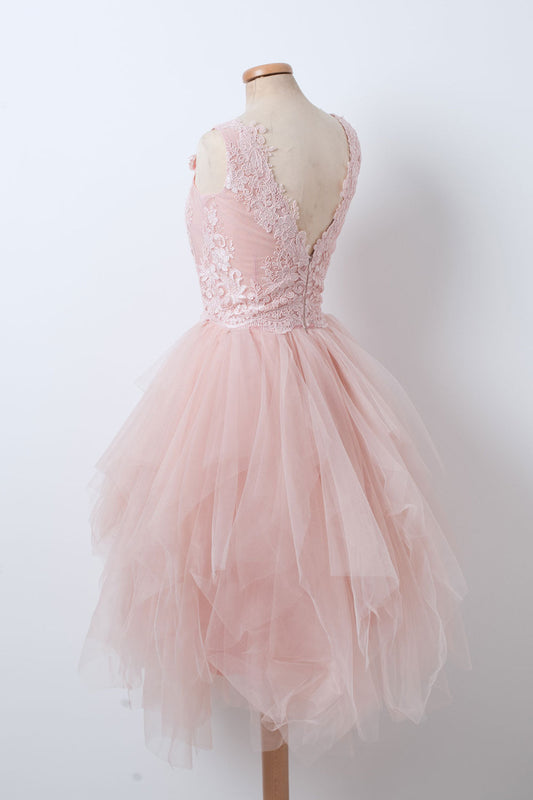 Pink V-Neck Tulle Lace Short Prom Dress Pink Homecoming Dress