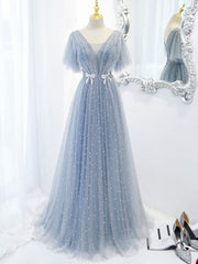 Blue V-Neck Tulle Beaded Long Prom Dress Blue Tulle Formal Dress