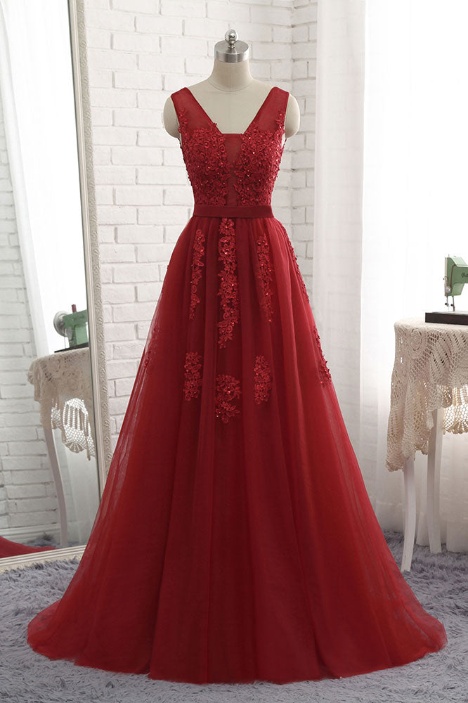 Burgundy V-Neck Tulle Lace Long Prom Dress Burgundy Evening Gown