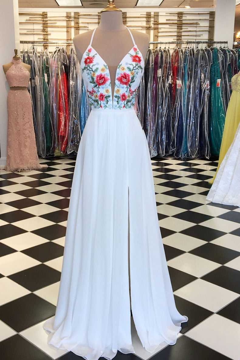 White V-Neck Chiffon Applique Long Prom Dress White Evening Gown