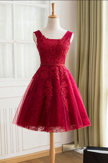 Burgundy Lace Tulle Short Prom Dress Burgundy Homecoming Dress