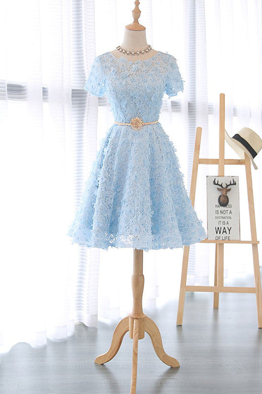 Cute 3D Lace Short Blue Prom Dress Blue Homecoming Dress