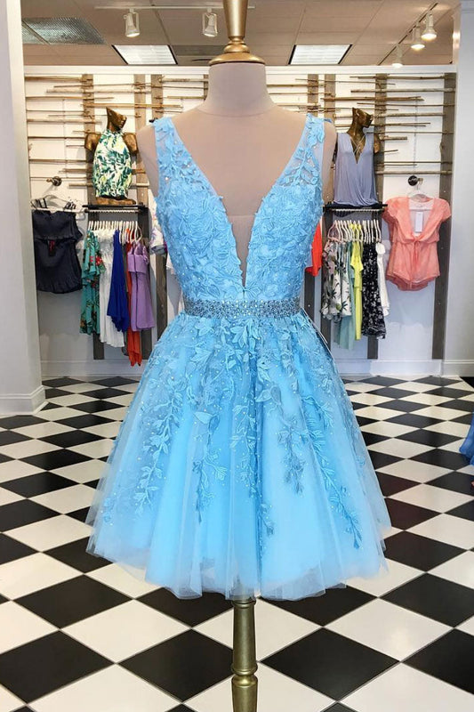 Blue V-Neck Tulle Lace Appliqu¨¦ Short Prom Dress Blue Homecoming Dress