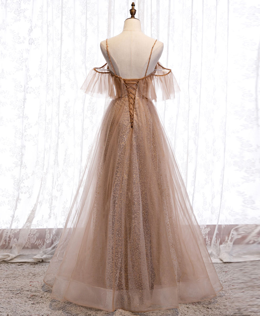 Champagne Tulle Sequin Long Prom Dress Tulle Formal Dress