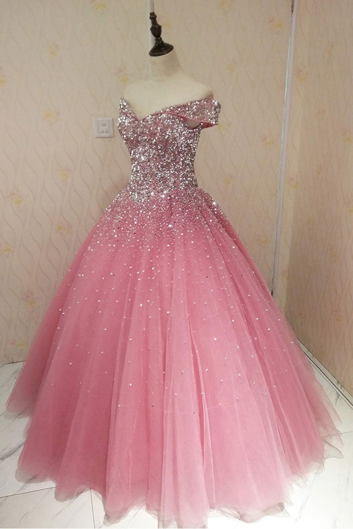 Pink Sweetheart Tulle Sequin Long Prom Dress Pink Tulle Evening Dress