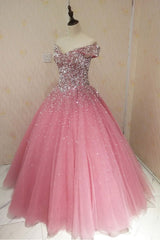 Pink Sweetheart Tulle Sequin Long Prom Dress Pink Tulle Evening Dress