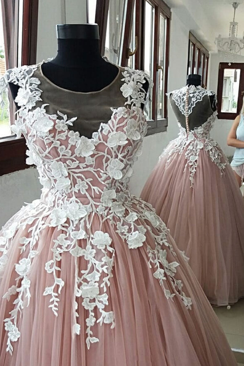 Pink Round Neck Tulle Lace Applique Long Prom Dress Pink Evening Dress