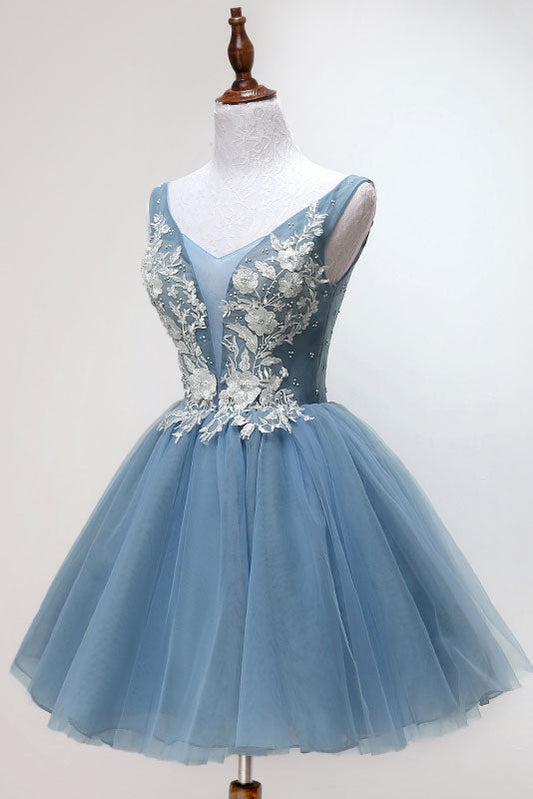 Blue Tulle Lace Short Prom Dress Blue Tulle Lace Homecoming Dress