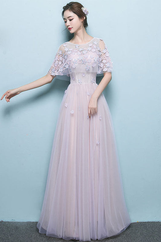 Pink Tulle Lace Long Prom Dress Tulle Appliqu¨¦ Formal Gown